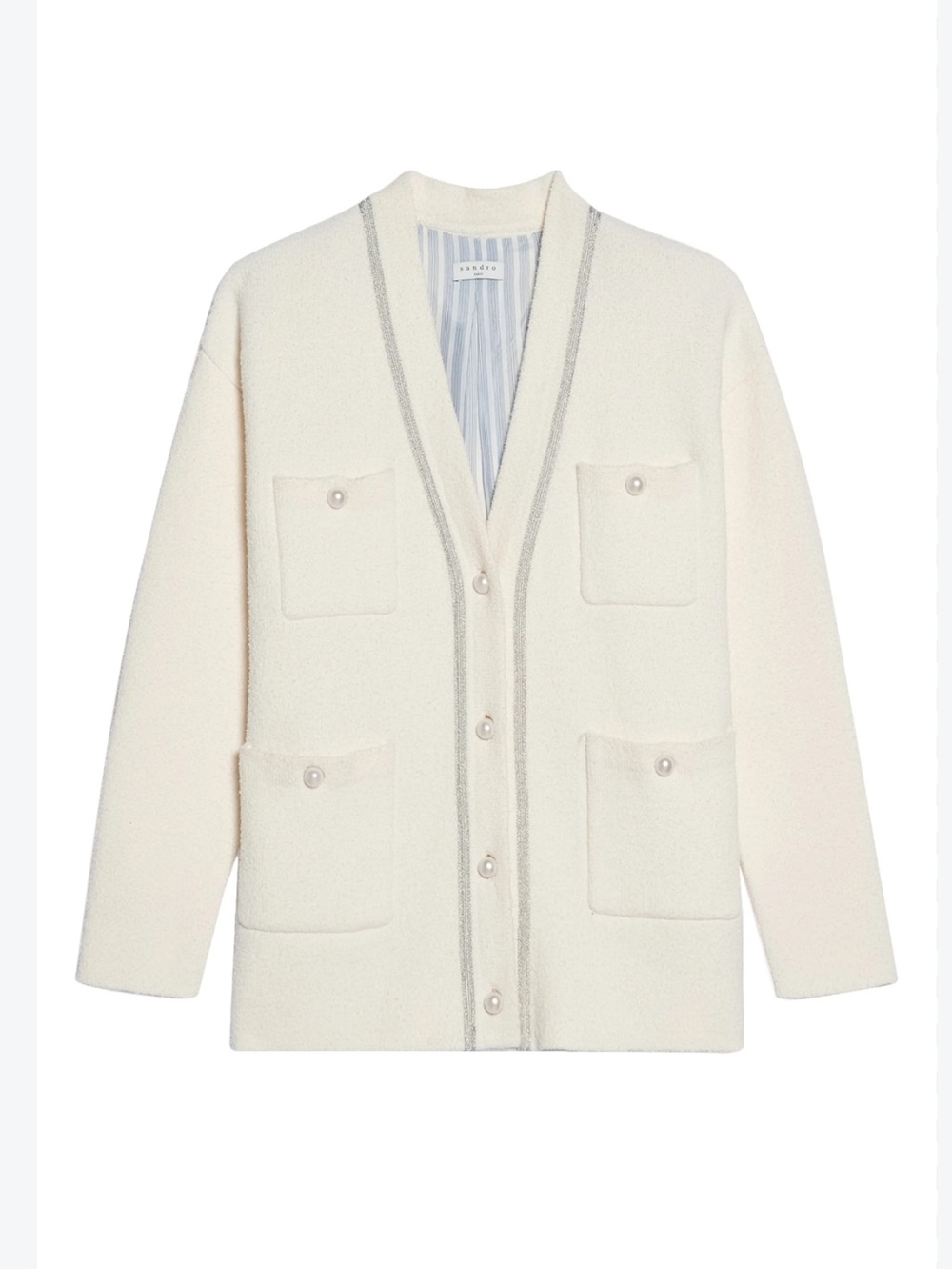 Sandro Paris Ivory Bouclé Pearl Button Long Cardigan Jacket Size Large